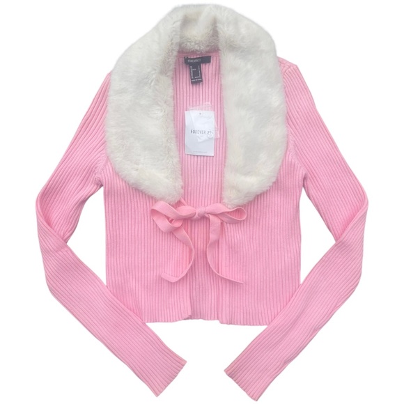 NWT Forever 21 Faux Fur Collar Tie Front Pink Coquette Stretch Knit Cardigan - Picture 1 of 3